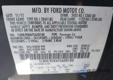 2015 Lincoln Mks из США, поврежденный, VIN 1LNHL9DK6FG608188